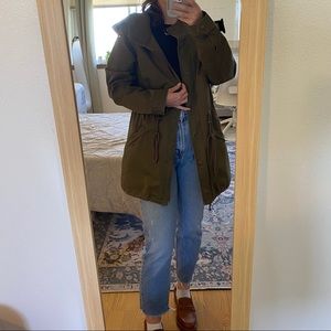Talula brand Aritzia military olive green jacket with hood